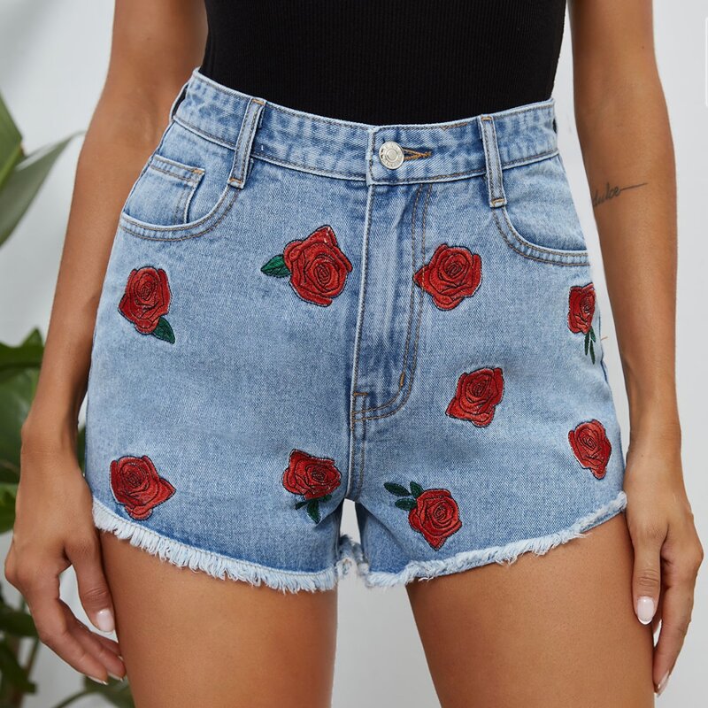 

High Waist Floral Embroidery Raw Hem Denim Shorts, Light wash