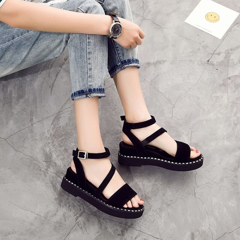 

Studded Trim Ankle Strap Sandals, Black