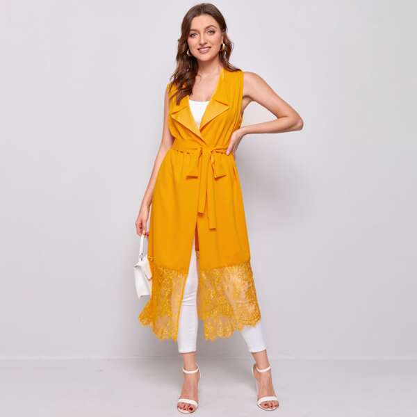 

Waterfall Collar Lace Detail Belted Vest Coat, Yellow