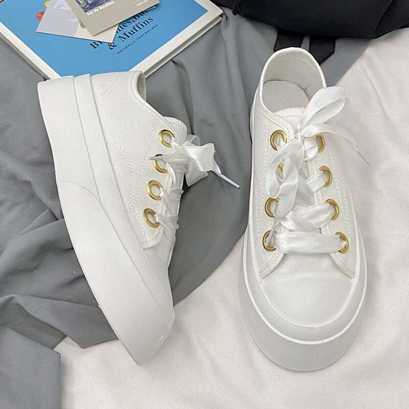 

Solid Lace-up Canvas Sneakers, White