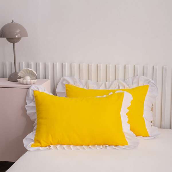 

1pair Ruffle Trim Pillowcase Without Filler, Yellow