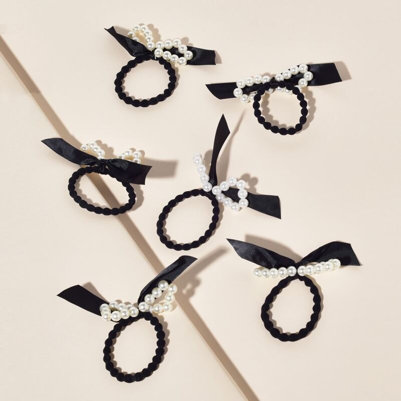 

6pcs Faux Pearl Decor Hair Tie, Black