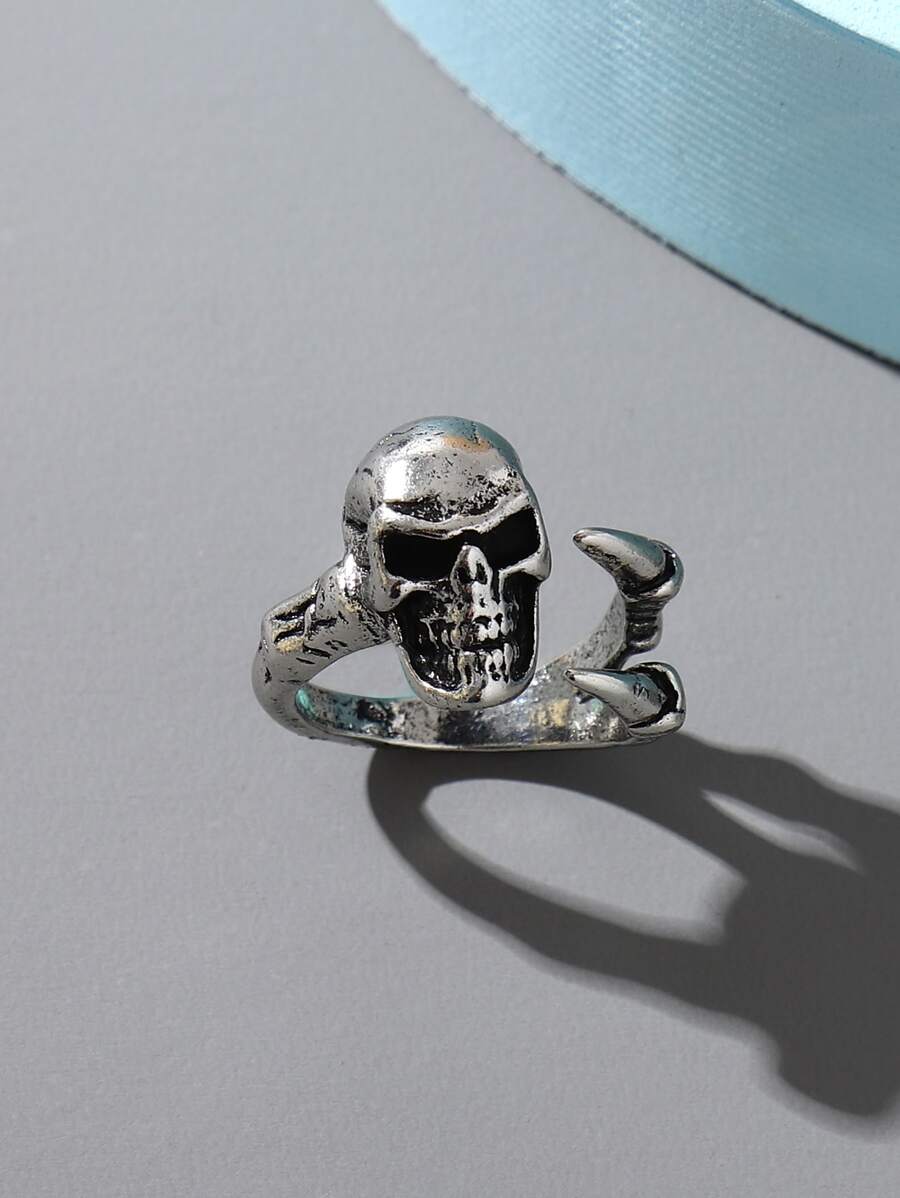 骷髏裝飾戒指 - 銀色 - 查看 1