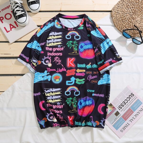 

Men Neon Lighting Letter Graphic Tee, Multicolor