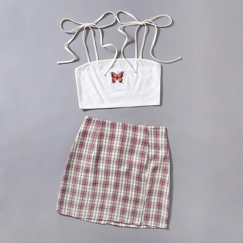 

Butterfly Graphic Crop Cami & Plaid Skirt, Multicolor