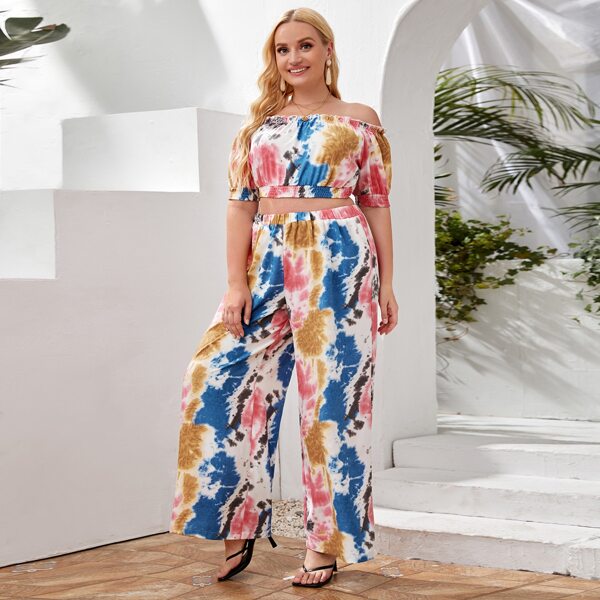 

Plus Tie Dye Bardot Tee & Wide Leg Sweatpants, Multicolor
