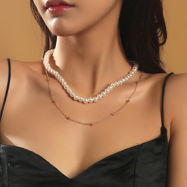 

2pcs Faux Pearl Beaded Necklace, Multicolor