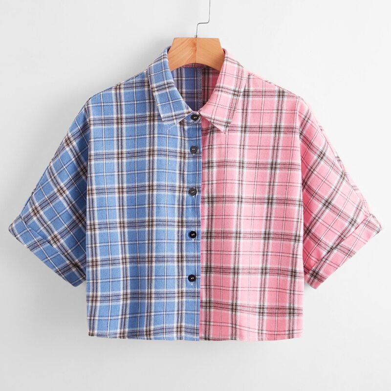 

Two Tone Plaid Button Front Blouse, Multicolor
