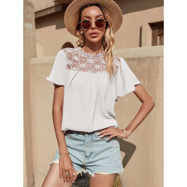 

Contrast Lace Mock Neck Blouse, White