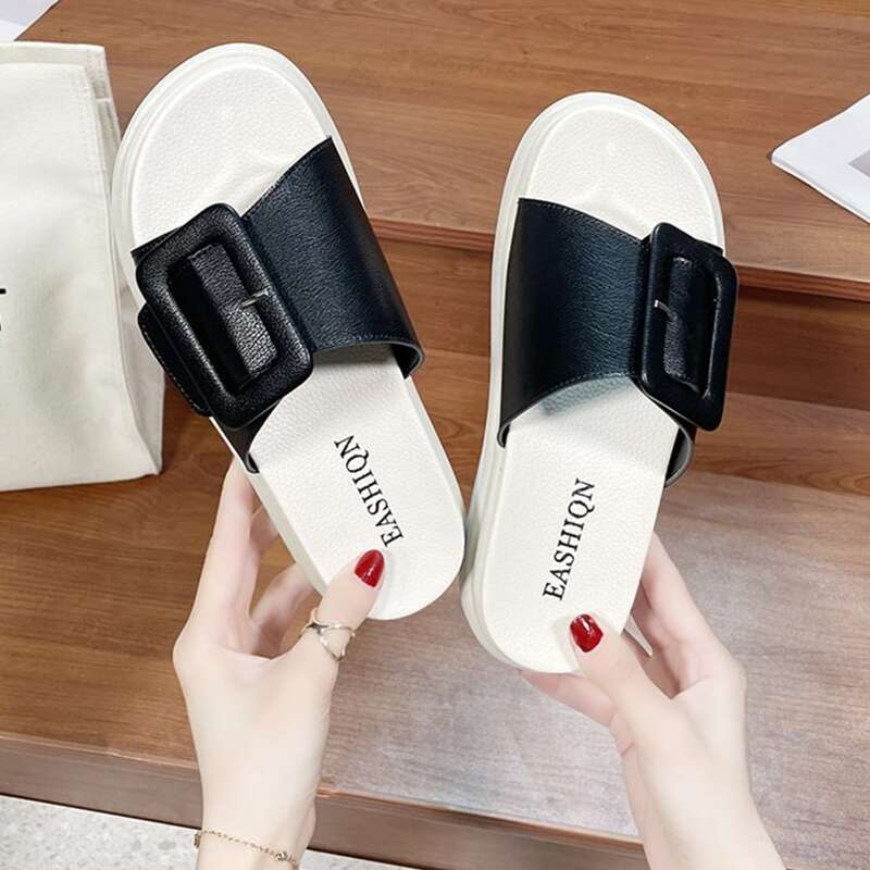 

Buckle Wide Band Slide Sandals, Black
