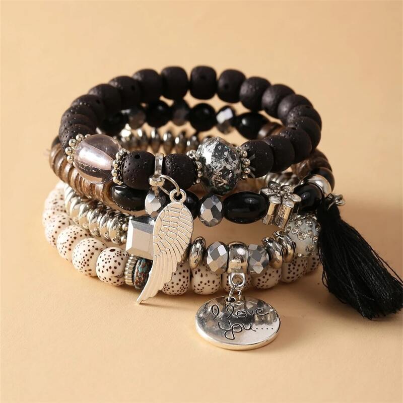 

4pcs Beaded Bracelet, Black