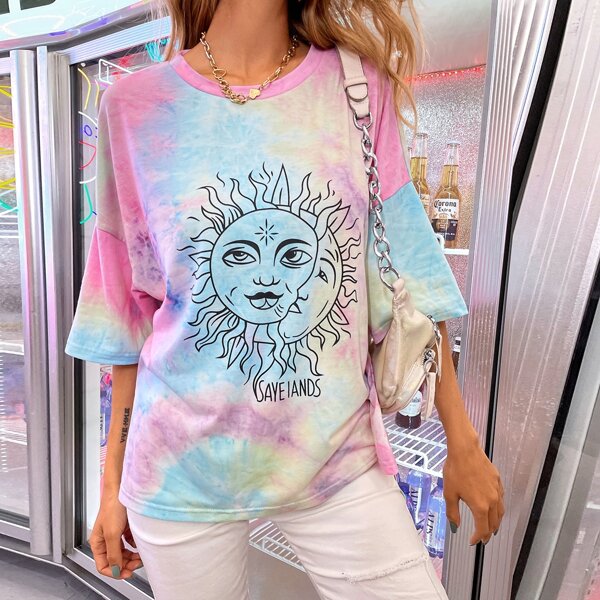 

Tie Dye & Graphic Drop Shoulder Tee, Multicolor