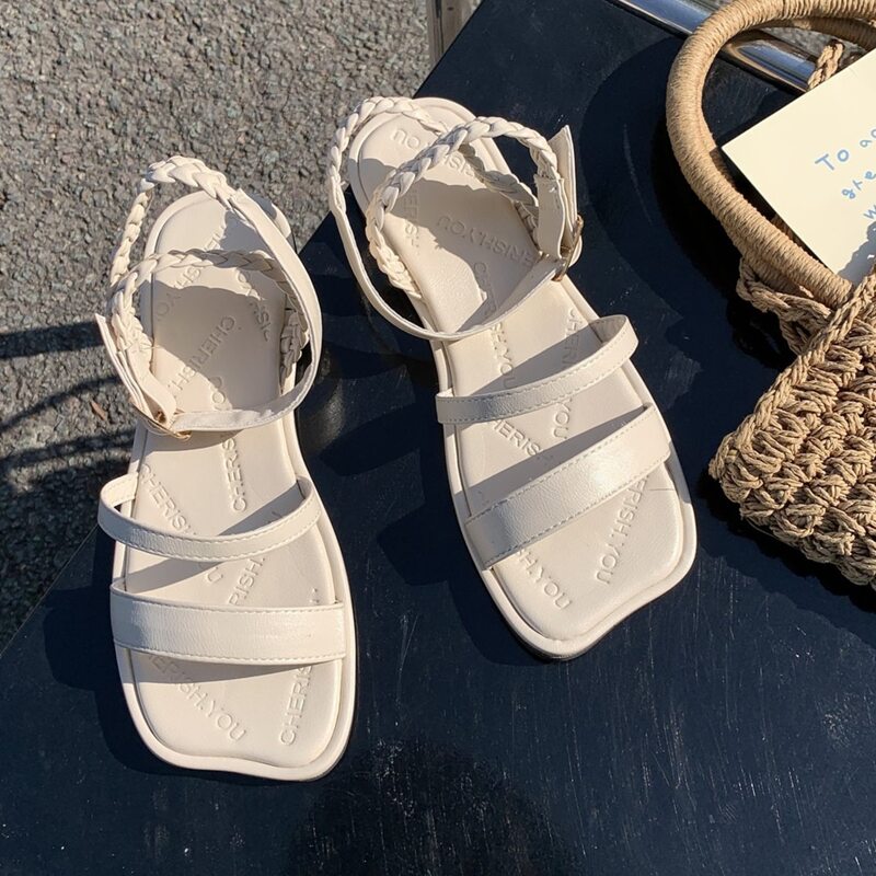 

Braided Ankle Strap Sandals, White