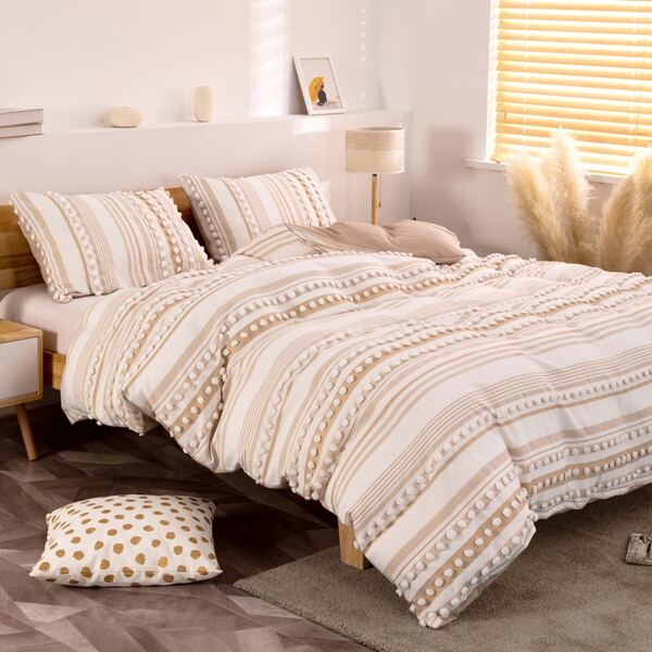 

Pom Pom Decor Striped Duvet Cover Set Without Filler, Multicolor