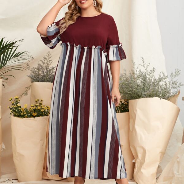 

Plus Striped Print Flounce Sleeve Smock Dress, Multicolor