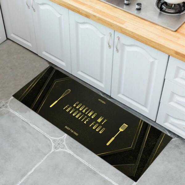 

1pc Slogan Graphic Kitchen Rug, Black