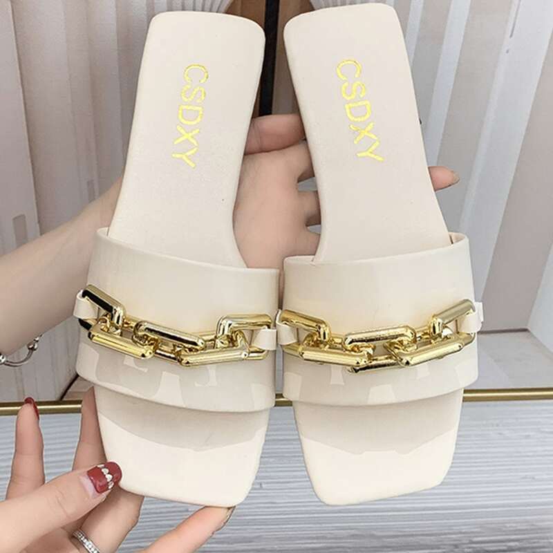 

Chain Band Slide Sandals, White