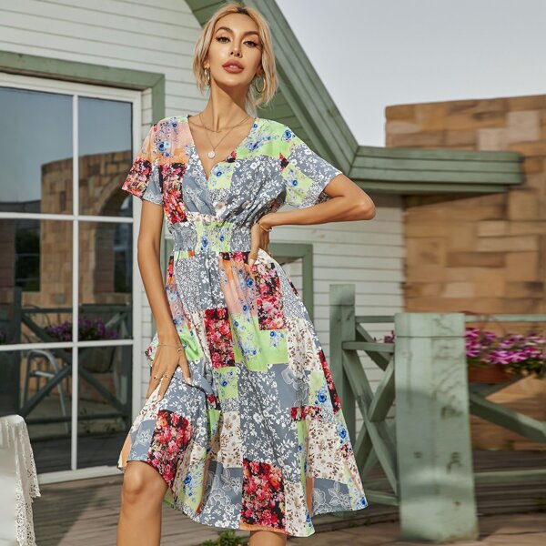 

Floral Print Patchwork Shirred Waist Dress, Multicolor