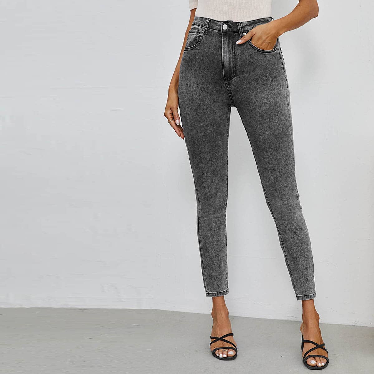 

High Waisted Skinny Jeans, Dark grey
