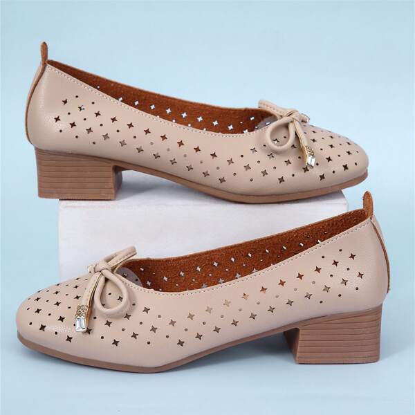

Bow Decor Hollow Out Chunky Pumps, Apricot