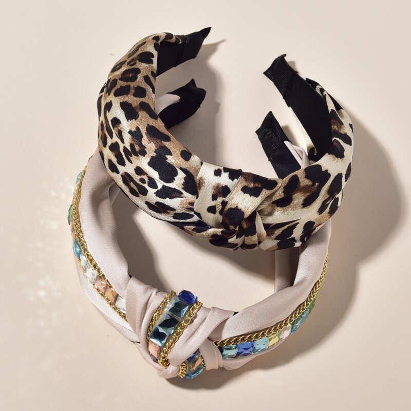 

2pcs Leopard Rhinestone & Chain Decor Headband, Multicolor