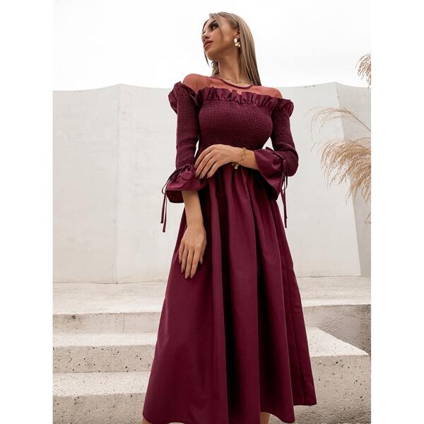 

Solid Shirred Ruffle Bardot Dress, Maroon