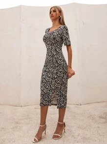 SHEIN 小碎花開衩包臀洋裝 - 彩色 - 查看 4