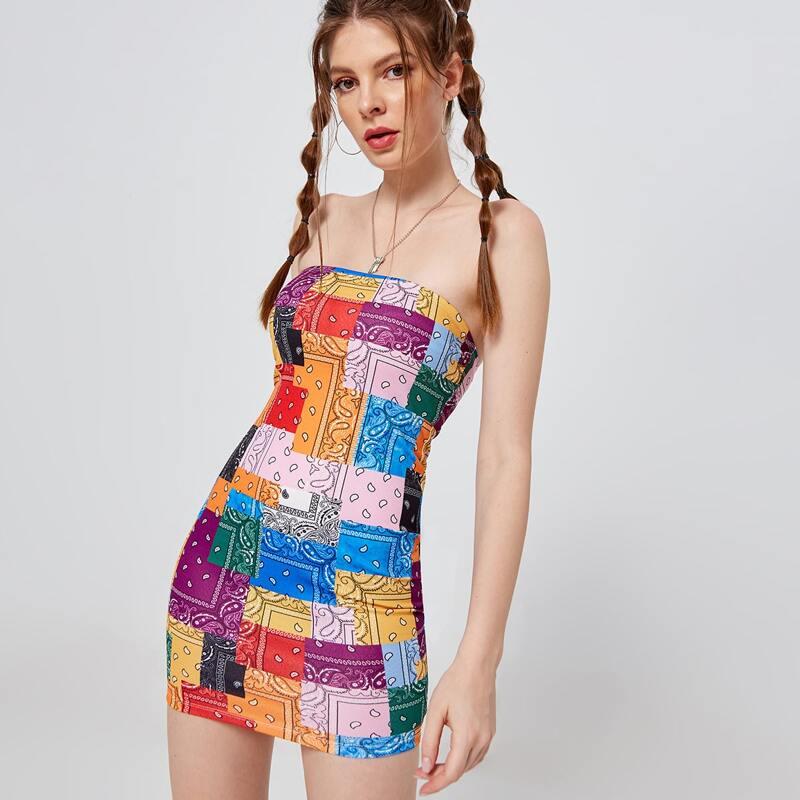 

Lace Up Backless Patchwork Print Tube Dress, Multicolor