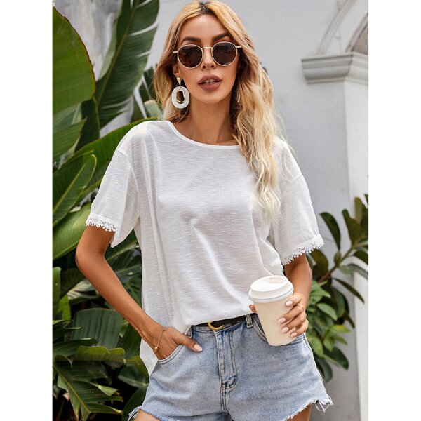 

Lace Trim Drop Shoulder Tee, White