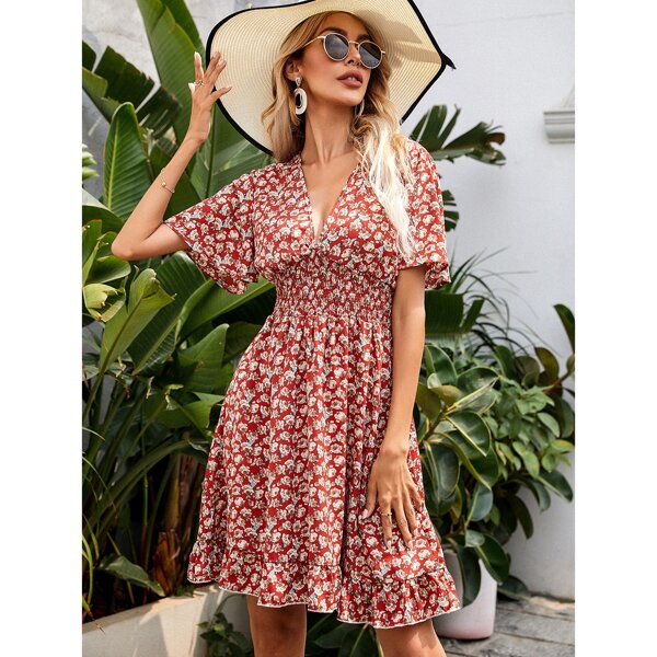 

Allover Floral Shirred Waist Dress, Multicolor