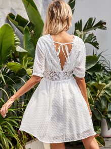 Vestido Encaje en contraste Liso Romántico - Blanco - Ver 1