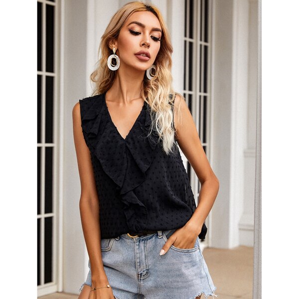 

Swiss Dot Ruffle Trim Blouse, Black