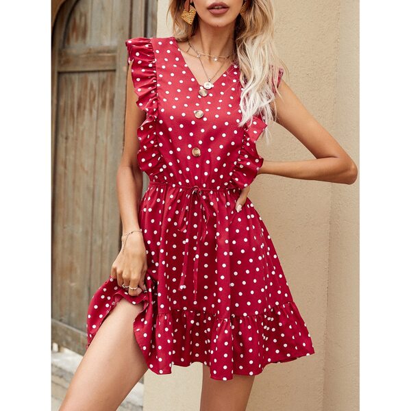 

Ruffle Trim Polka Dot Dress, Rose red