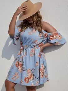Plus Floral Cold Shoulder A-line Dress - Dusty Blue - View 1