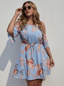 Plus Floral Cold Shoulder A-line Dress - Dusty Blue - View 3