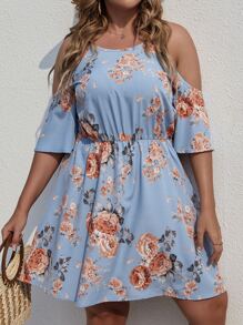Plus Floral Cold Shoulder A-line Dress - Dusty Blue - View 4