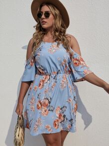 Plus Floral Cold Shoulder A-line Dress - Dusty Blue - View 6