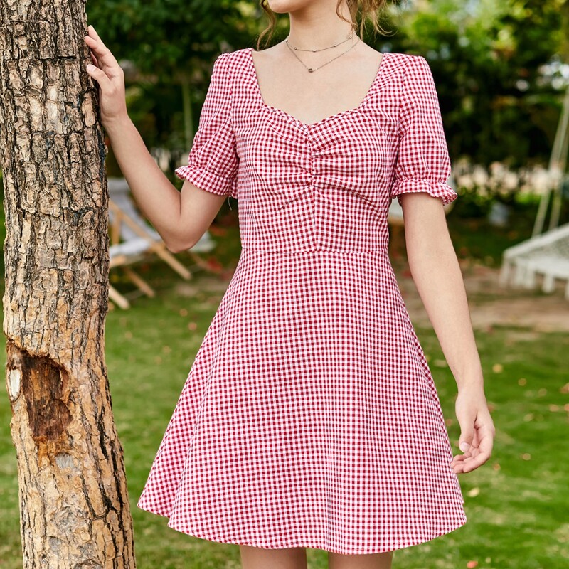 

Gingham Ruched Dress, Red and white