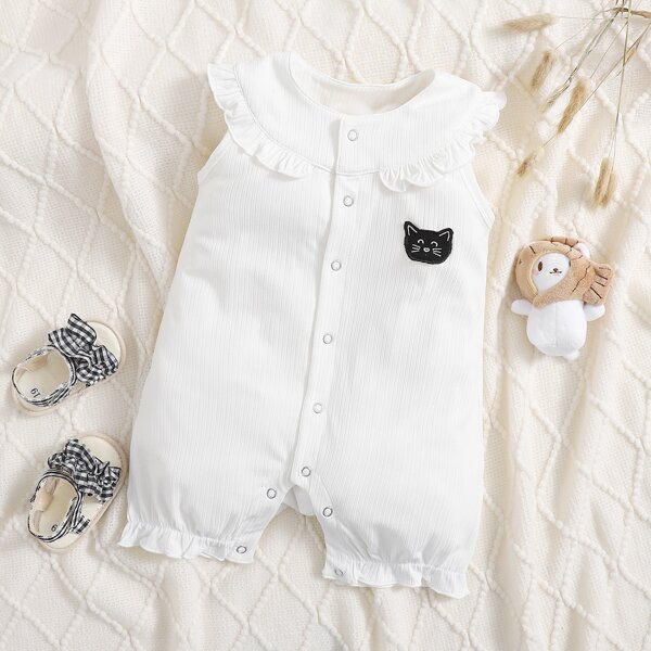

Baby Girl Cartoon Embroidery Patched Frill Romper, White