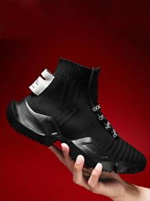 Men High Top Knit Chunky Sneakers - Black - View 3