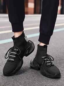 Men High Top Knit Chunky Sneakers - Black - View 6