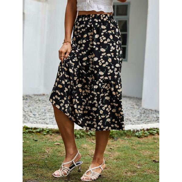

Ruffle Hem Allover Floral Skirt, Black