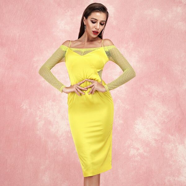 

Cold Shoulder Dobby Mesh Sleeve Dress, Yellow