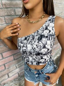 لباس علوي بطباعة مناظر طبيعي برباط مكشكش وبكتف واحد - أبيض وأسود - مشاهدة 3