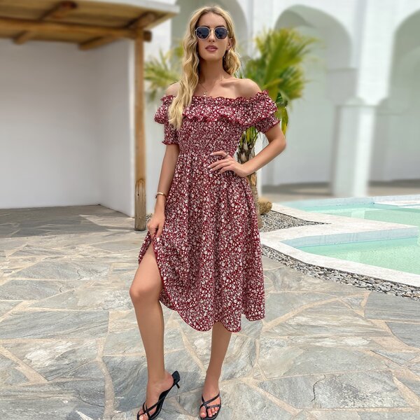

Ditsy Floral Off The Shoulder Ruffle Trim A-line Dress, Burgundy
