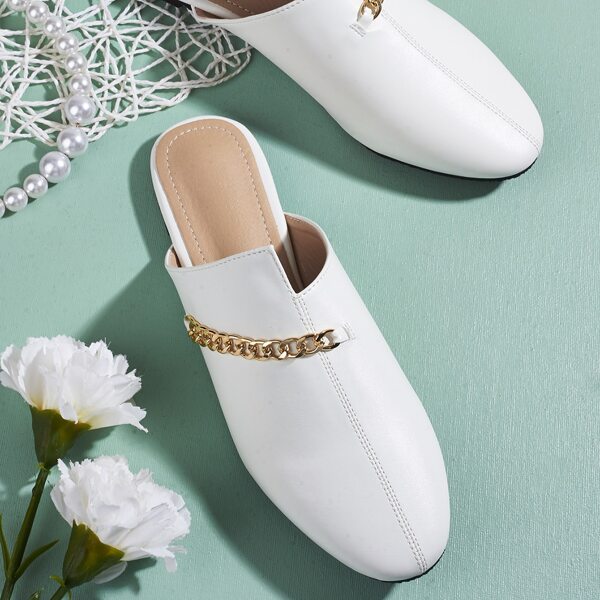 

Chain Decor Flat Mules, White
