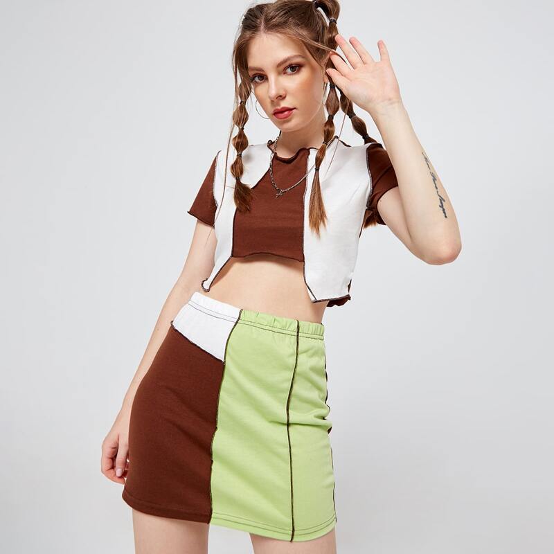 

Color Block Stitch Trim Crop Tee With Skirt, Multicolor