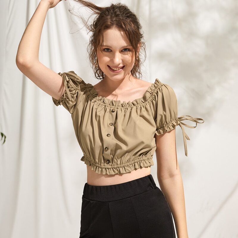 

Solid Button Front Frill Top, Mocha brown