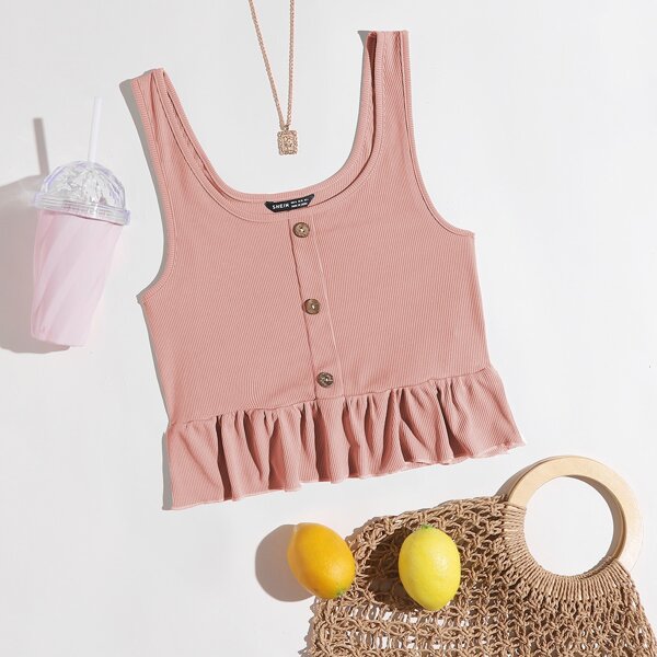 

Ruffle Hem Button Front Tank Top, Coral pink