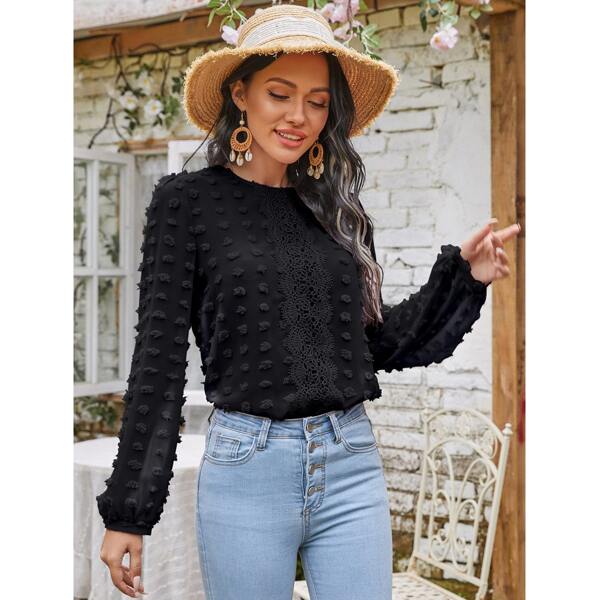 

Swiss Dot Contrast Lace Chiffon Blouse, Black